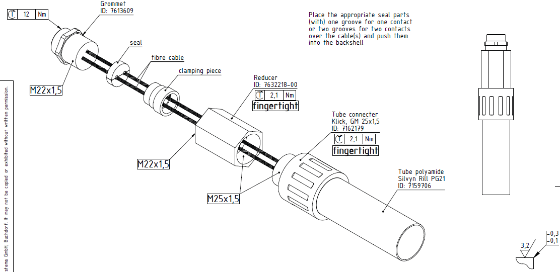 7000-00753008_com_01.png Exploded view van een kabelconnector met specifieke onderdelen en koppelinformatie.