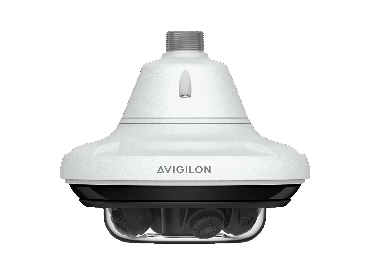 Caméra de surveillance blanche, cylindrique, avec logo Avigilon sur base noire.
