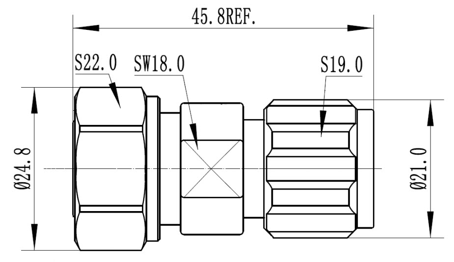 Technische tekening van een adapter met maten S22.0, SW18.0, S19.0, totale lengte 45.8, Ø24.8 en Ø21.0.