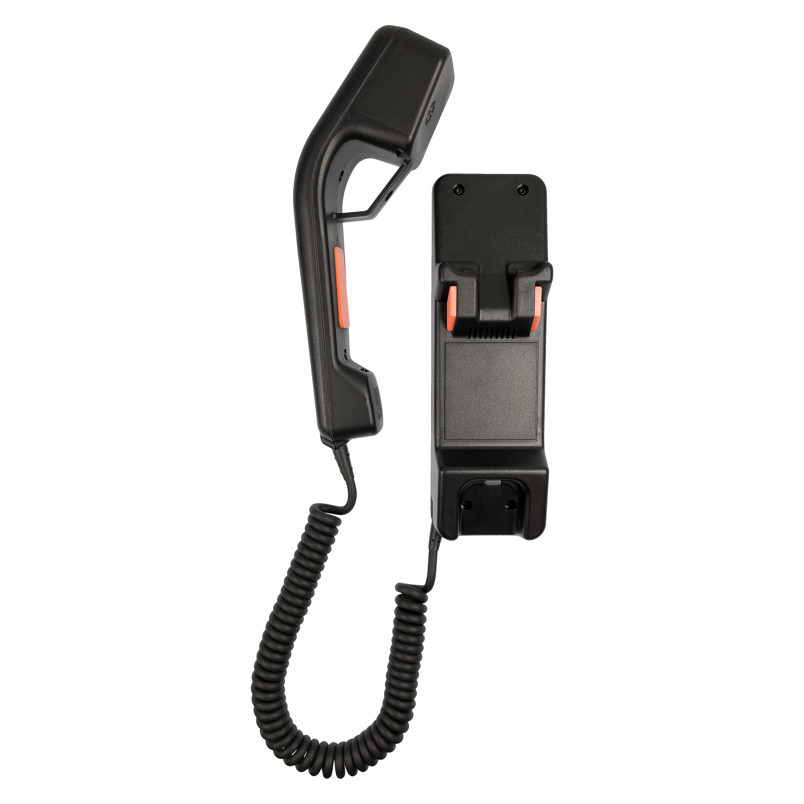 Zwart-rode telefoonhoorn met spiraalsnoer op witte achtergrond.