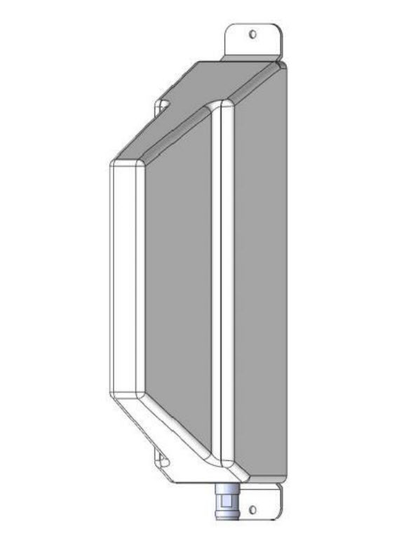 Technische tekening van een rechthoekige behuizing met beugels boven en onder.