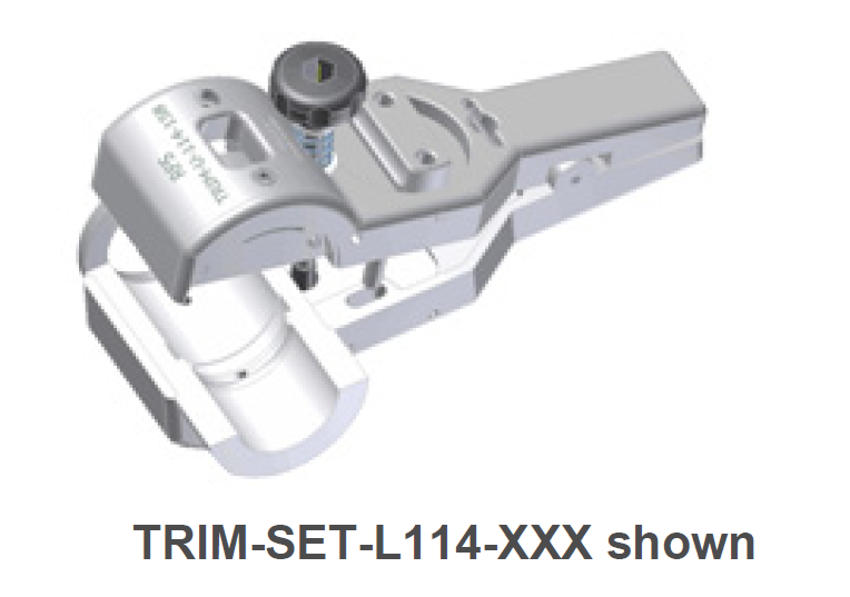 Composant métallique TRIM-SET-L114-XXX avec vis et bras de levier.