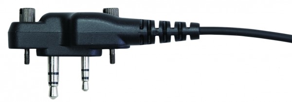 Zwart audiokabel met dubbele plug en bevestigingsschroeven.