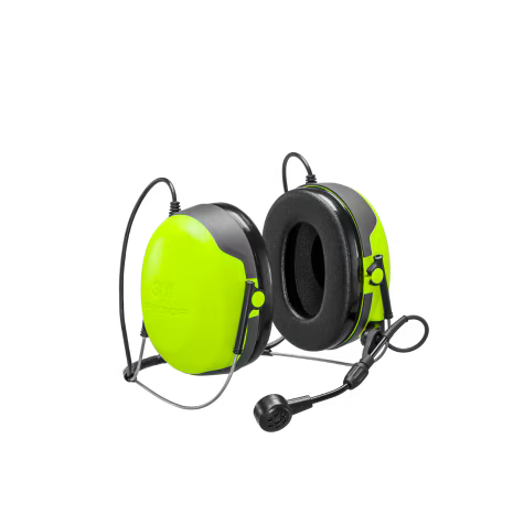 Casque antibruit vert avec microphone.