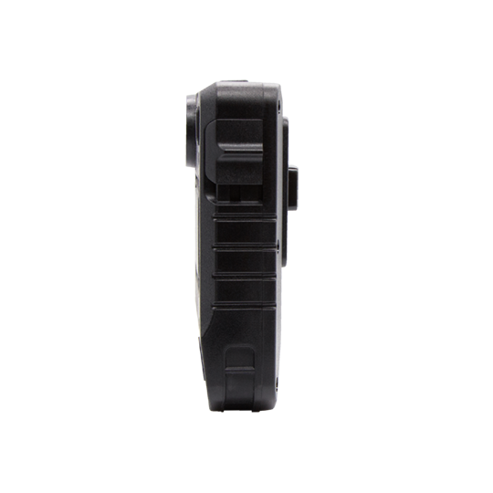 Side view of a black, rectangular device with rounded edges.