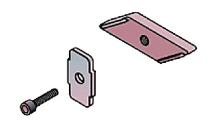 Trois pièces: vis, support rectangulaire et plaque rectangulaire avec trous.