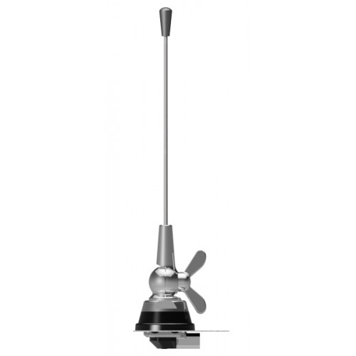 Zilveren auto-antenne met magnetische voet en twee vleugelmoeren.
