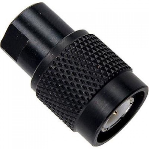 Black, knurled metal plug with round connector.