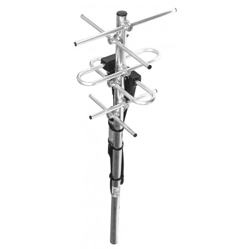 Metalen Yagi-antenne met meerdere elementen en montagebasis.