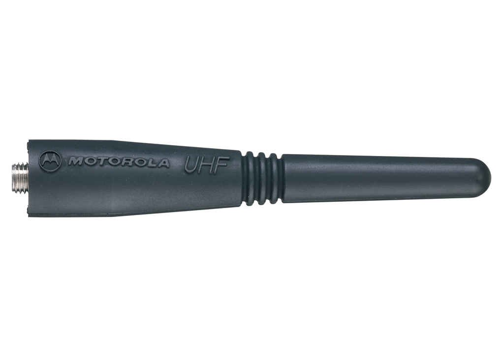 Zwarte UHF-antenne met Motorola-logo.