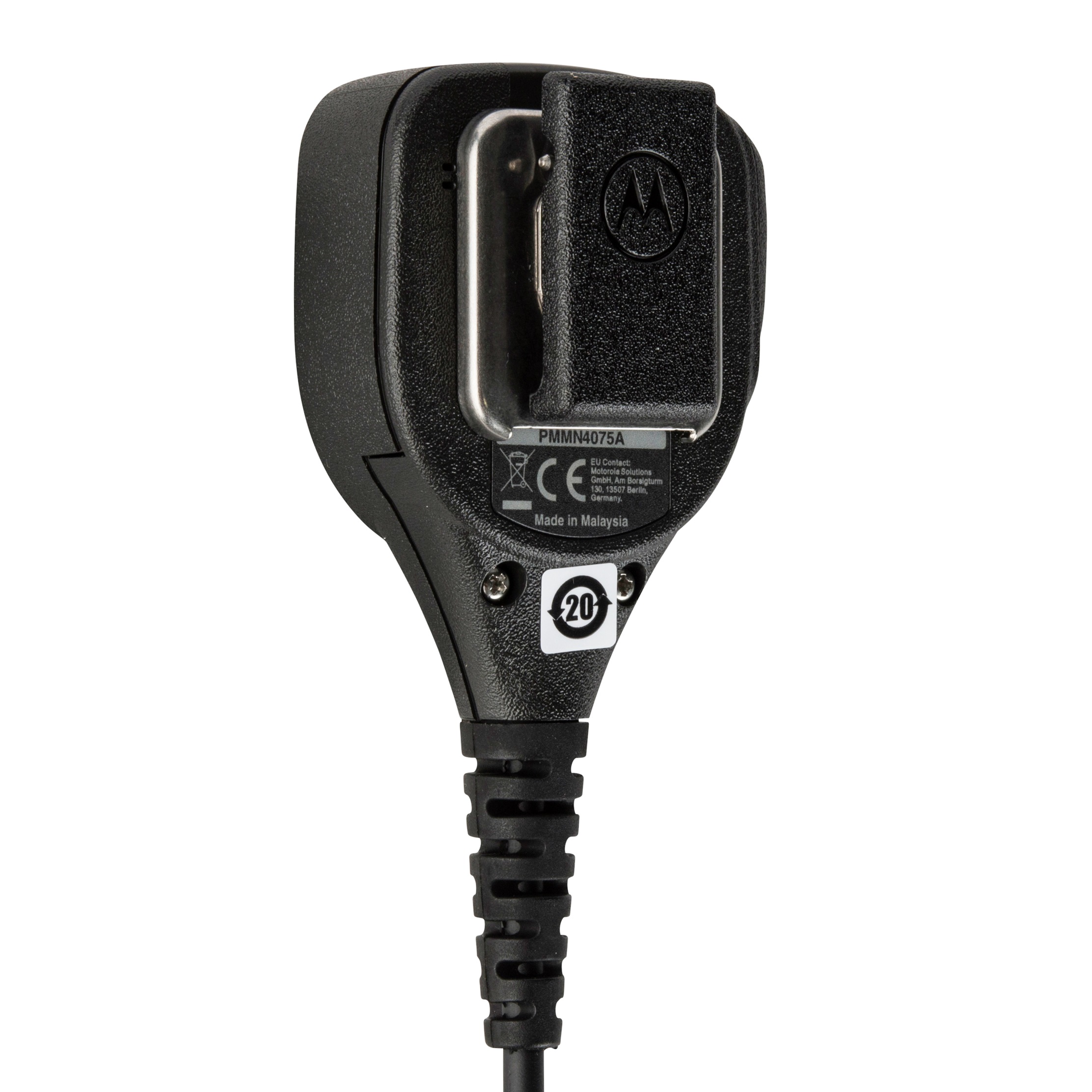 Achterkant van zwart handradio-microfoon met kabel en clip.