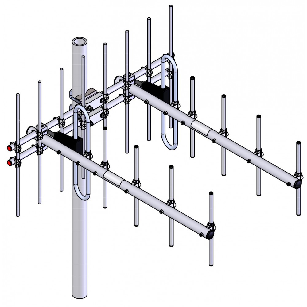Diagram van een dubbele Yagi-antenne-array met meerdere elementen en een steunmast.