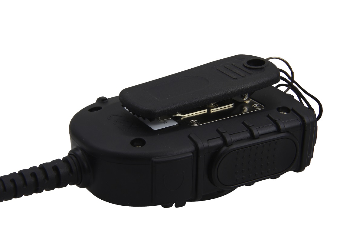 Zwart plastic apparaat met kabelverbinding en metalen clip bovenop.