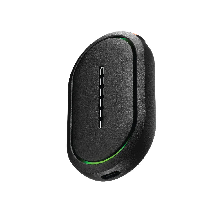 Zwart ovaal apparaat met USB-C-poort en groene LED-indicator.