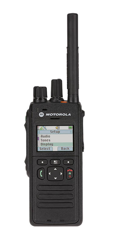 Two-way radio with display, buttons, and antenna.