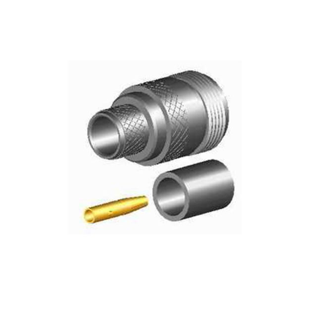 Metal connector with knurled surface, gold pin, and sleeve.