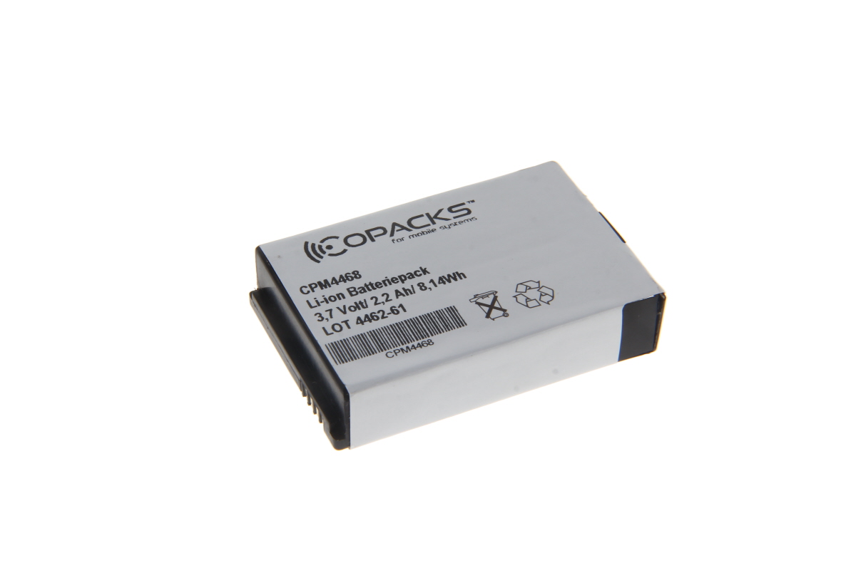 Gray Li-ion battery pack with 3.7 volts and 2.2 Ah from Copacks.