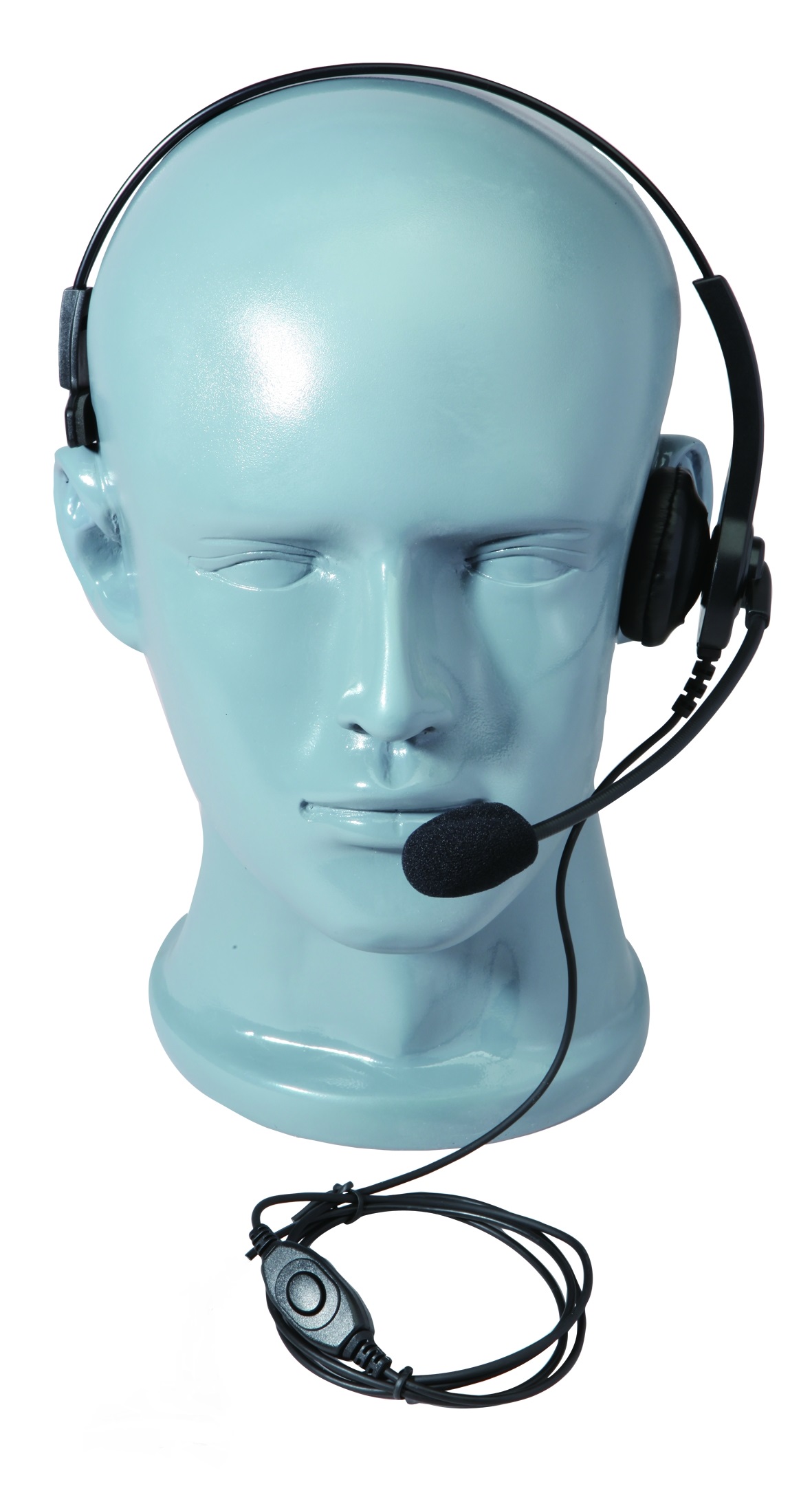 7000-00748100_cop_01ugrp9bkfyoj4x.jpg Blauwe mannequinhoofd met headset en microfoon bevestigd.