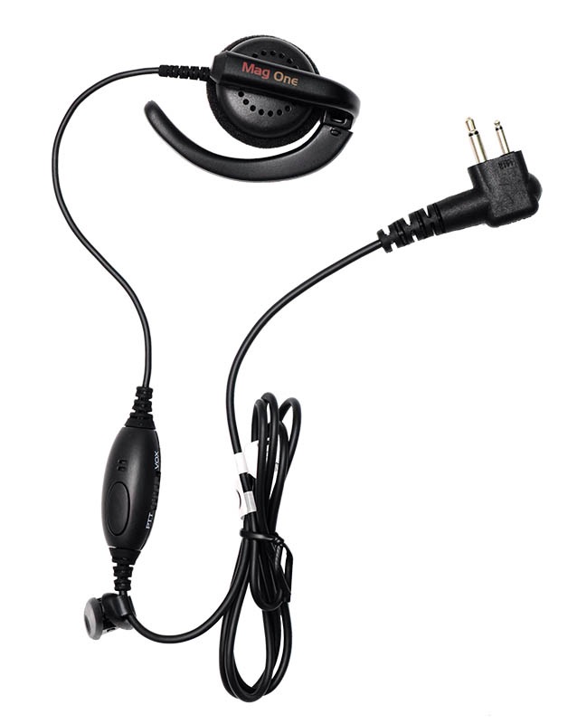 Oortje met over-ear haak, kabel, bediening en twee-pins connector.