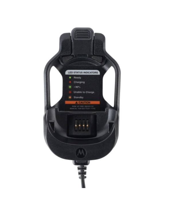 Zwart-grijs laadstation met LED-statusindicatoren.